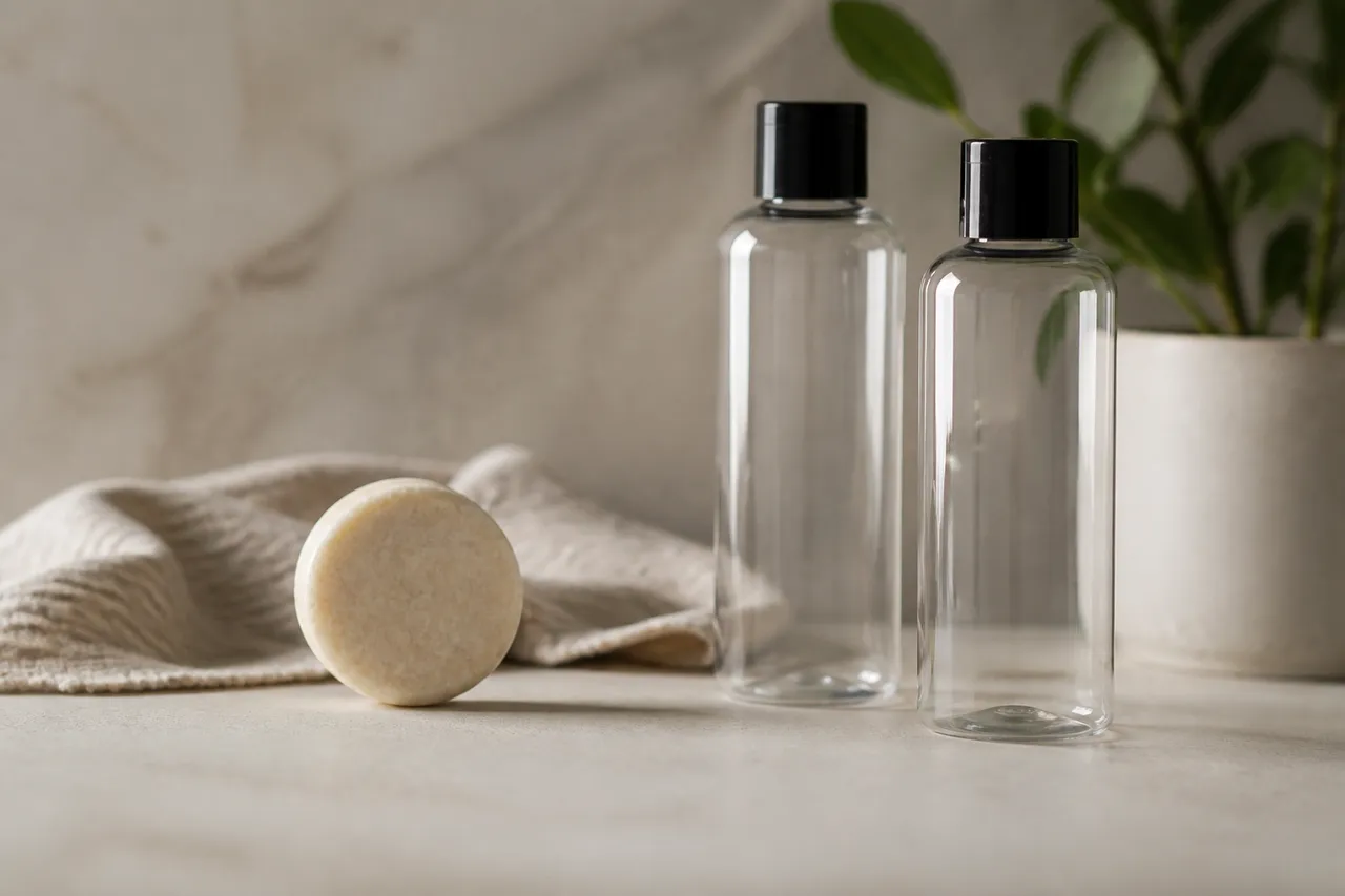 Shampoing solide et bouteilles plastique pour illustrer le zéro déchet