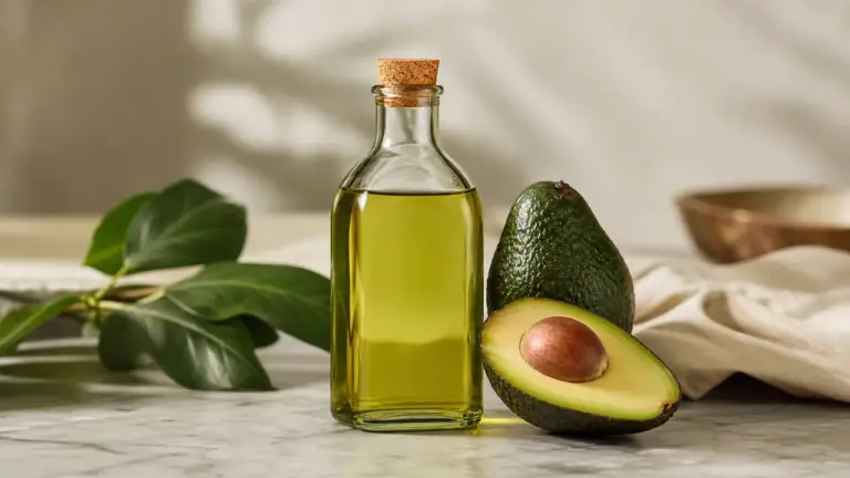 Huile d’avocat pour visage en flacon avec avocat coupé
