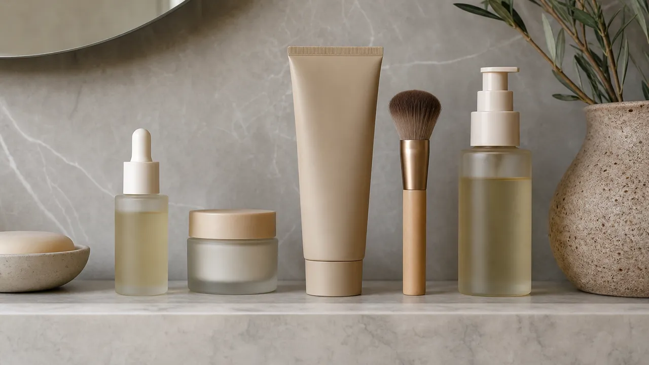 Produits de beauté et pinceau rangés sur une étagère